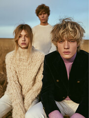 Three young fashion models pose in natural tones and textures in a dry grass field under soft afternoon light. Moody autumn-inspired editorial concept with 70s undertones.