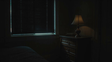 Dimly Lit Bedroom Corner with Lamp and Window