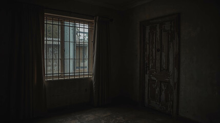 Dimly Lit Room with Barred Window and Weathered Door
