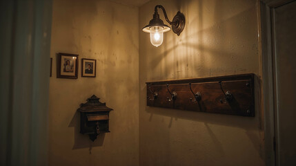 Cozy Vintage Hallway with Light Fixture and Coat Rack