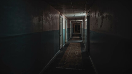 Eerie Dimly Lit Corridor in Abandoned Building