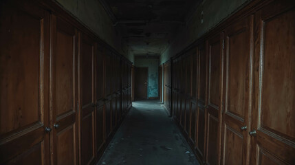 Eerie Abandoned Corridor with Wooden Cabinets