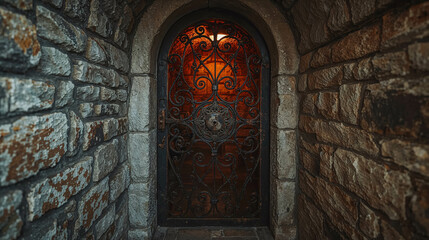 Ornate Wrought Iron Door in Stone Wall