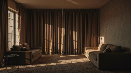 Cozy Living Room with Soft Lighting and Elegant Curtains
