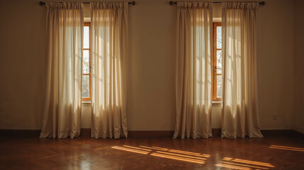 Serene Interior with Sunlit Windows and Sheer Curtains