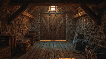 Rustic Barn Interior with Sunlight and Wooden Beams
