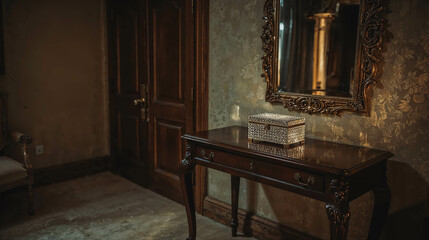 Elegant Vintage Table with Decorative Box and Mirror