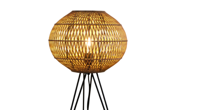 Woven rattan floor lamp with tripod base and glowing bulb isolated on transparent background