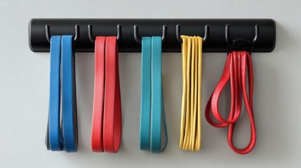 Colorful exercise bands on a wall rack