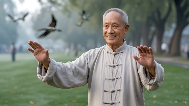 Smiling elderly man practicing tai chi outdoors martial arts - Powered by Adobe