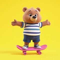 Bear Cartoon Character Riding Skateboard on Yellow Background