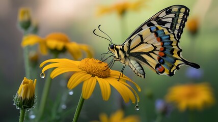 Detailed macro shot of a beautiful butterfly resting on a yellow daisy with water droplets