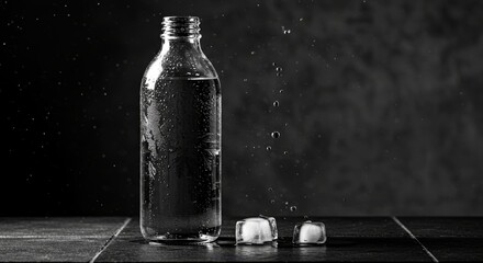 Water bottle with ice cubes on dark background in monochrome style