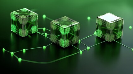 Three interconnected glowing green cubes on a dark surface.