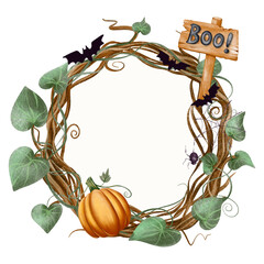 Round frame of curly branches and leaves with pumpkin, bats, spider and “Boo!” sign. The illustration is watercolor style with warm, soft colors and detailed drawing.