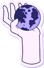 sticker of a cartoon hand holding whole earth in bright neon color