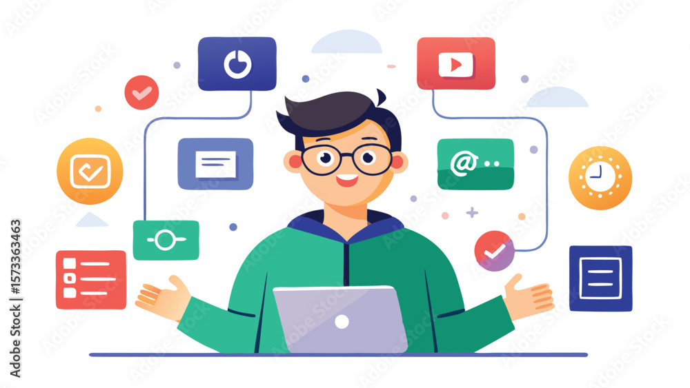 Poster illustration of a man with a laptop surrounded by various icons representing digital tasks and tools