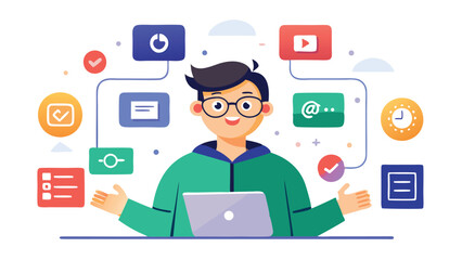 Illustration of a man with a laptop surrounded by various icons representing digital tasks and tools