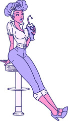 tattoo in traditional style of a pinup girl drinking a milkshake in bright neon color