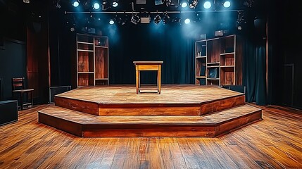 Empty wooden stage with tiered platform and simple wooden table.