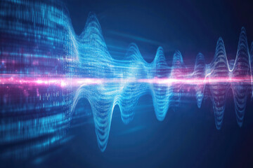 Abstract digital sound wave visualization with glowing blue and pink light streaks isolated on white background