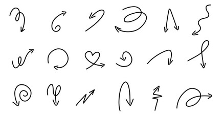 Hand drawn vector scribble arrows set. Pen doodle, hand written mark, pointing. Collection isolated on white background.  