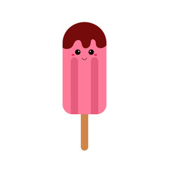 Cute kawaii ice cream with smiling face. Character, strawberry flavor with chocolate, sweet food. Vector isolated on white 