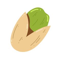 Flat pistachio illustration. Cute hand-drawn nut with shell and kernel. Healthy snack, food ingredient. Vector isolated on white background.
