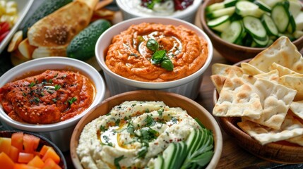 A variety of homemade dips including hummus roasted red pepper spread and spinach artichoke dip served with crunchy pita chips and fresh vegetables for dipping.