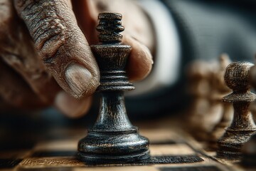 Close-Up of Suited Hand Moving Black King on Wooden Chessboard.