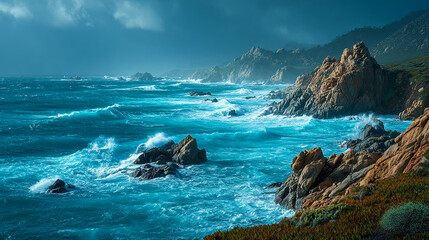 Rugged coastline meets the turquoise sea. Waves crash against rocky cliffs. For travel, landscape, or nature themes.