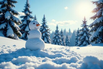 Obraz premium A snowman sits on a patch of sunlight in a snowy forest with a blue sky above, serene landscape, frosty air