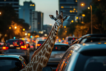 Urban Cityscape with Wild Giraffe at Night Amidst Traffic Lights Generative AI Concept