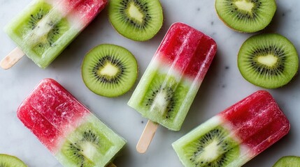 Colorful fruit popsicles on a marble surface