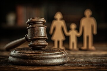 Wooden Gavel with Blurred Family in Background. Family Law, Legal Authority, and Courtroom Justice in Serious Legal Proceedings.