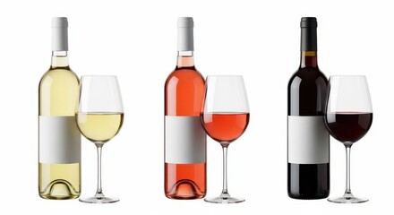 Three wine bottles with glasses, including red, white, and rose, isolated on a clean white backdrop