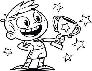 Vector art of a cheerful cartoon boy celebrates his victory, holding a trophy high as stars twinkle around him, showcasing his winning spirit