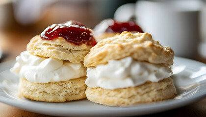 A close-up shot of a delicious scone with jam and cream