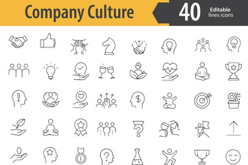 Fototapeta premium Company Culture Line Icons, Teamwork, Office Values, Employee Engagement, Group Discussion, Company Mission, Editable Formats: AI, EPS, PNG, JPG, Ideal for Both Digital and Print Use 