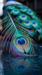 Naklejka premium Iridescent Peacock Feather With Eye Pattern blue green