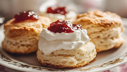 A close-up shot of a delicious scone with jam and cream