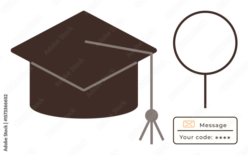 Aufkleber graduation cap with tassel, magnifying lens symbol, and message box featuring input code. ideal for 