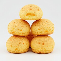 Light and chewy Brazilian cheese bread known as Pão de Queijo, stacked in a pyramid on a white plate.
