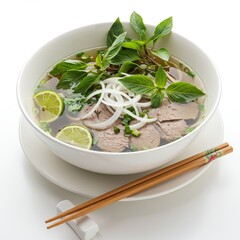 Fragrant Vietnamese pho with thinly sliced beef, rice noodles, basil, onions, and lime in aromatic clear broth.