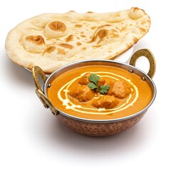 Rich and creamy Indian butter chicken curry served in a copper bowl with soft naan bread on the side.