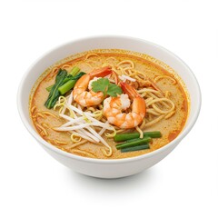 Spicy Malaysian laksa with prawns, noodles, bean sprouts, and vegetables in rich coconut curry broth.