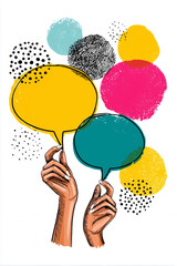 Colorful Speech Bubbles Held By Hands On A White Background