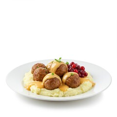 Swedish-style meatballs served over creamy mashed potatoes with gravy and lingonberry sauce, garnished with fresh herbs.