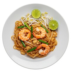 Popular Thai pad thai stir-fried noodles with shrimp, eggs, green onions, bean sprouts, and lime wedges on a plate.