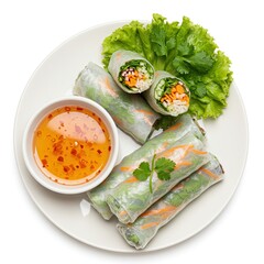 Healthy Vietnamese rice paper spring rolls filled with vegetables and noodles, served with sweet chili dipping sauce.